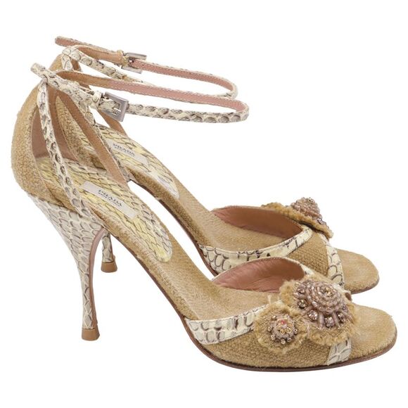Prada Shoes - Prada Embellished Snakeskin Accent Sandal Heels in Beige Jute Linen